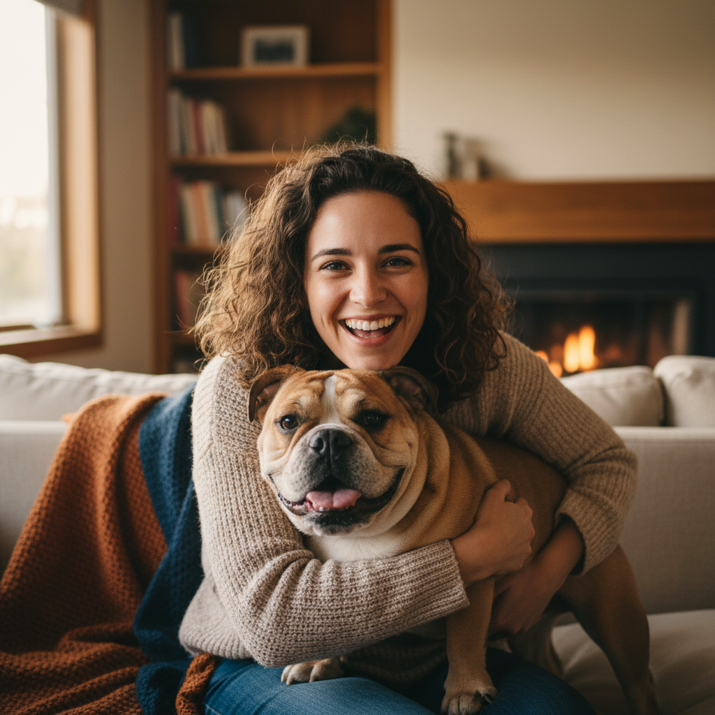 Happy owner with English Bulldog