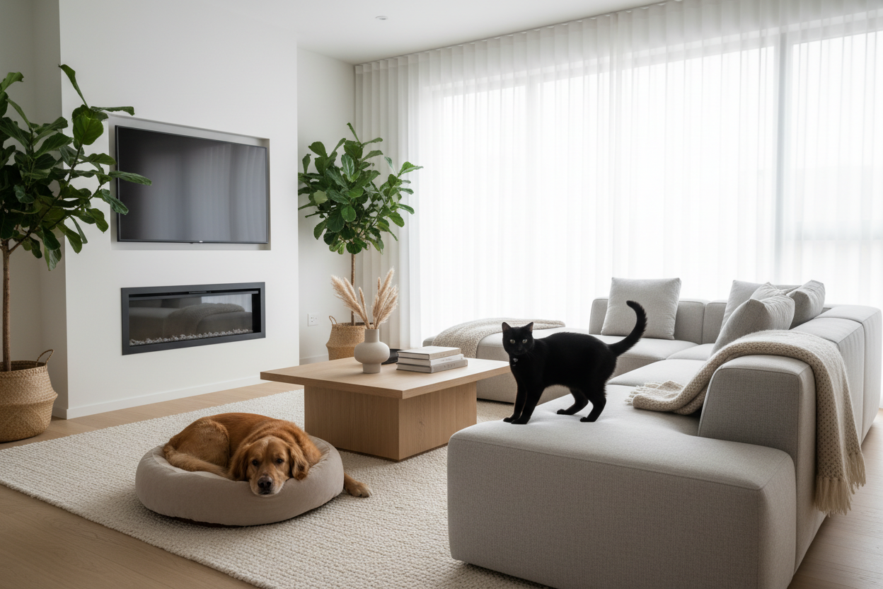 Happy Pets in Minimal Living Room